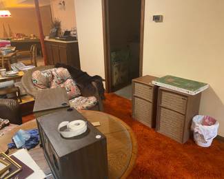 nice round coffee table and stereo speakers