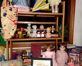 "Morton Salt doll w/ umbrella, Barbies, Shirley Temple