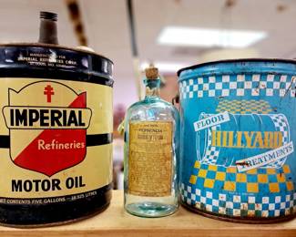 Contents of 7 different estates and families items under one roof!! Much advertising collectibles. "IMPERIAL  Motor Oil" gas can and "Hillyards Trophy" bucket