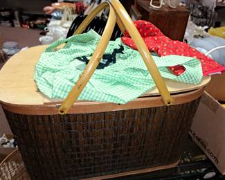 Much 1960-70's items. Vintage picnic basket w/ plates and cups