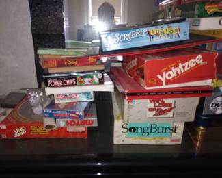 Yahtzee, Scrabble, Song Burst, Poker Chips, Uno,