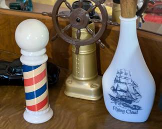 Vintage Avon Barber Pole after shave bottle ; Ship's Wheel and bottle decanter