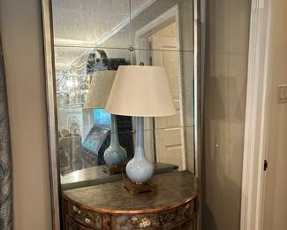 PAIR OF TALL MIRRORS & DEMILUNE CABINETS              LAMPS NOT FOR SALE