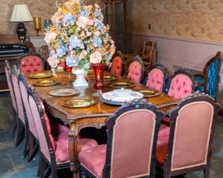 Set of twelve Victorian upholstered chairs, French Provincial extension-table