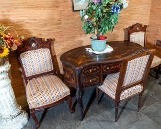 Glass floral tree, inlaid furniture