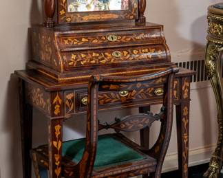 Antique, Dutch marquetry vanity table and matching chair