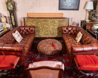 Pair of Chesterfields, large antique Chinese gilt-wood carving.