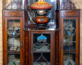 Art Nouveau inlaid curio cabinet, Bradley and Hubbard bronze lamp