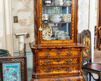 Antique Dutch, marquetry cabinet, vintage Chinese tile table screen and Meissen porcelain