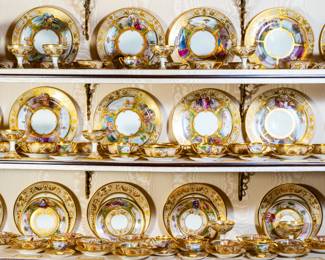Service for eighteen of Dresden Ambrosius Lamm Porcelain Opera china, 123 pieces total.