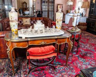 French bureau plat, tall Japanese vases, unusual Chinese stone tableau