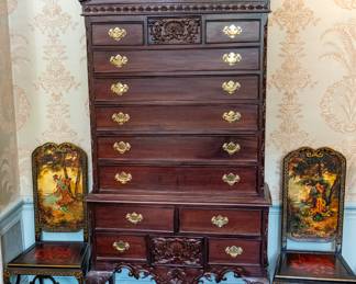 Antique English mahogany highboy, set of four Georgian-style Chinoiserie painted chairs