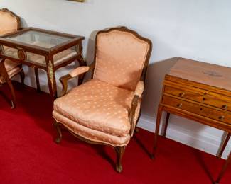 French vitrine and antique silver chest, pair of French Provincial chairs