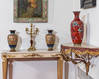 Pair of French, marble-top consoles, Doulton Lambeth vases, antique oil paintings