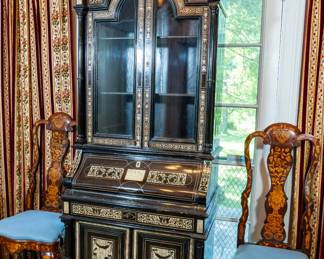 Italnian 19th century walnut, ebonized, fruitwood and bone 'alla certosina' inlaid secretary