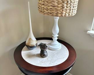 White Table Lamp with Raffia Shade, Mahogany Louis XVI Style Bouillotte Table with Marble Top, MCM Blown Art Glass Bud Vase