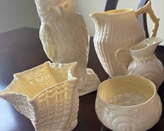 Belleek Owl Vase, Belleek Twisted Shell Vase, Belleek Shell Pitcher, Belleek Toy Shell Pattern Creamer, Belleek Spiral Shell Sugar Bowl