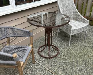 Outdoor Glass Top Round Bistro Table, Taupe Rope and Rustic Wood Dining Chair, Off White Wicker Patio Chair