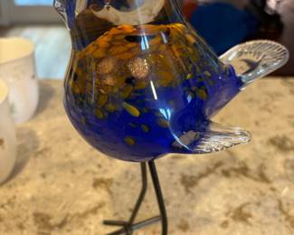 Murano Style Hand Blown Blue Bird with Metal Legs Figurine