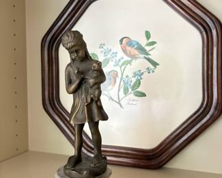 Bronze Sculpture "Young Girl Holding Cat" with Marble Base