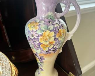 Purple/Yellow Ceramic Pitcher with Violet Floral Design