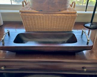 Carved Wood Tray/Bowl with Handles, Rectangular Wicker Basket, Bent Wood Cheese Box