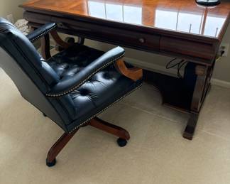 Regency Style Burlwood Desk, Tufted Blue Leather Executive Chair