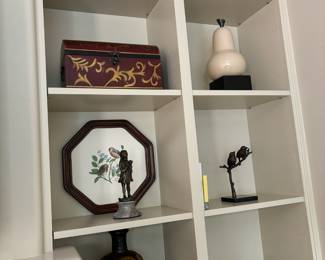 Porcelain Cream Pear Sculpture, Bronze Sculpture "Young Girl Holding Cat" with Marble Base, Ceramic Jug with Mushroom Design, Murano Style Art Glass Gray Ombre Bowl