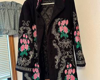 R-Quang Black Embroidered Coat with Pink Rose Pattern