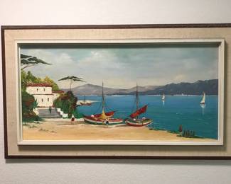 Framed Oil Painting of Sail Boats on the Shore