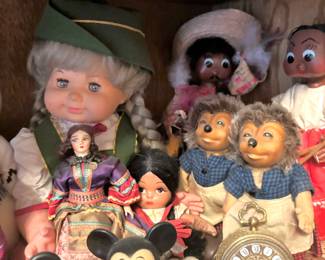 Two Steiff Hedgehog Miki Dolls, Pair of Mexican Oil Cloth Folk Art Dolls, Greece Folk Art Doll, Muneca Ideal Mexican Composition Doll, Blessing Gold Filagree German Alarm Clock, Disney Mickey Mouse & Mini Mouse Plastic Figure Toys - Made in Hong Kong, German Lederhosen Doll with Cry Sound Box