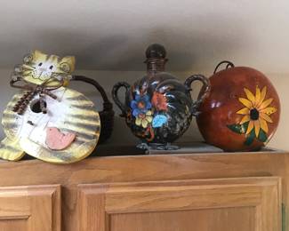 Folk Art Cat Birdhouse, Brown Pottery Decanter with Floral Design, Hand Painted Gourd Decor with Sunflower Design