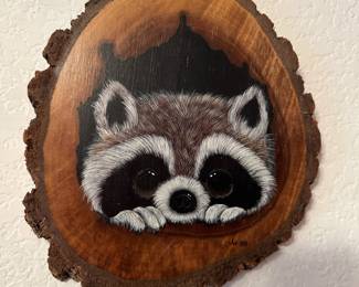 1988 Baby Raccoon Painting on Wood Slab - Signed JW
