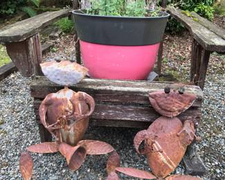 2 Rustic Metal Dancing Frogs, Outdoor Wooden Adirondack Chair