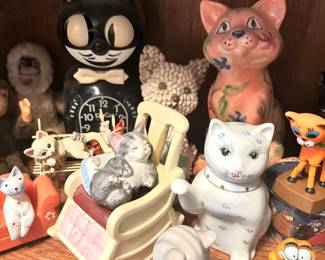 Large Assortment of Cat Figurines,  Circa 1989 Kit Cat Wall Clock - Model B1