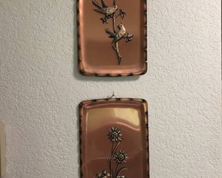 Two Copper Wall Art Plaques - Floral Design and Avian Design