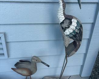 Hand Carved Sanderling Shorebird Statue, Wooden and Metal Crane Statue