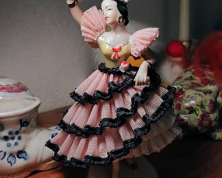 Dresden Porcelain Dancer Figurine with Fan & Tulle Lace Dress 