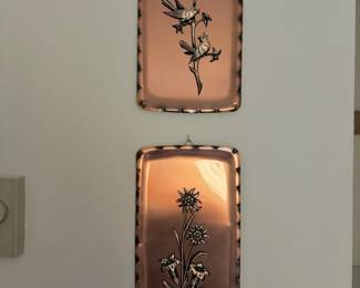 Two Copper Wall Art Plaques - Floral Design and Avian Design