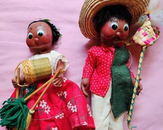 Pair of Mexican Oil Cloth Folk Art Dolls