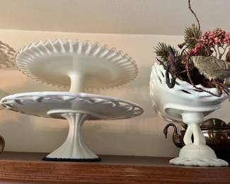 MILK GLASS CAKE PLATE - MAYBE 6 - ON RIGHT COMPOTE - PAIR