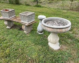 CONCRETE BENCH, BIRD BATH, PLANTERS