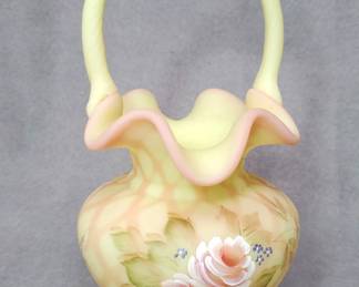 LM025 Fenton Hand Painted Burmese Glass Basket Vase