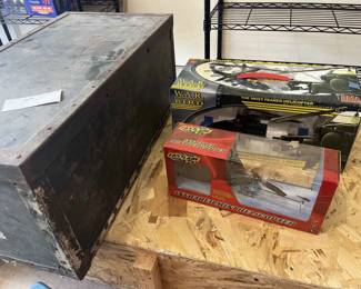 2 Remote Control Mini Helicopters By FastLane DMA, Vintage Military Storage Box