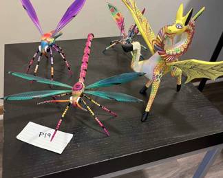 Carved Wood Insects In Neon Colors And Whimsical Horse