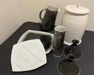 Pottery Including Small Pitcher, Cannister, Candle Holders, Small Plates And Cup