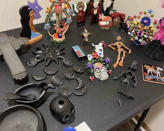 Metal Nativity Scene, Skeletons, Carved Candle Holders, Metal Glass Cross Box, Skeleton W Pink Boa