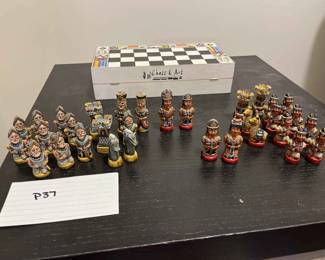 Chess Set Made Of Carved Wood Pieces In Box That Opens To Chess Table