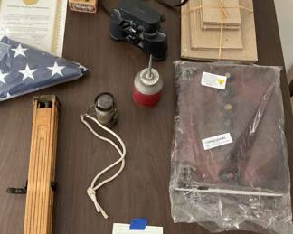 American Flag, Vintage Oil Can, Vintage Camera Stand, Vintage Binoculars And Other Items