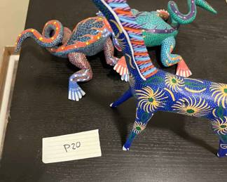 Carved Wood Giraffe Missing Horns And Wings And Playful Lizards